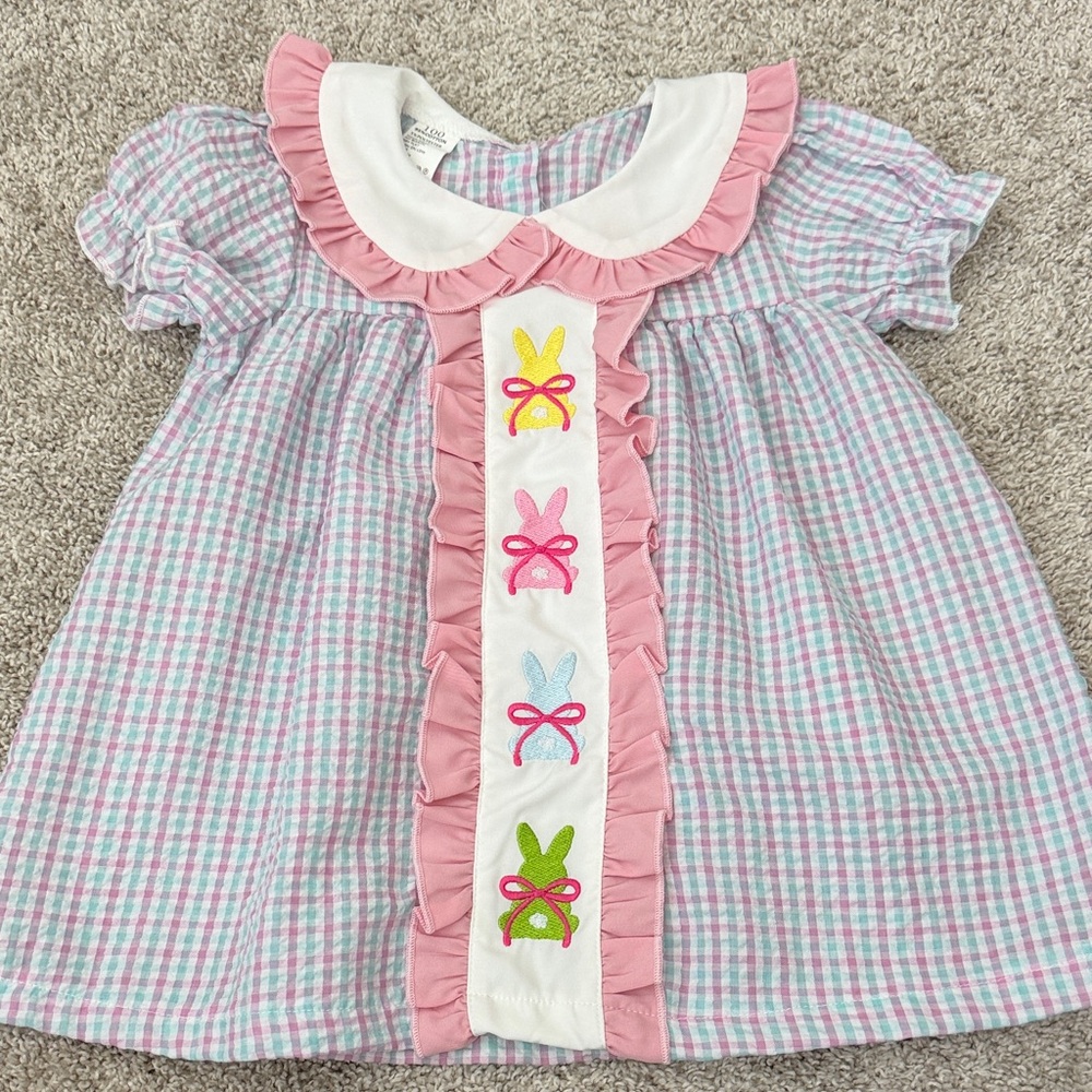 Pink Trim Pastel Gingham Baby Dress with Bunny Appliqués